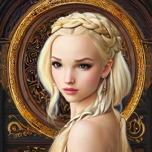 beautiful cottagecore mage blonde braided hair dove cameron sealing a portal gate, heavy cloak, gold accents, leather jerkin, castle town, fantasy character portrait, ultra realistic, intricate, elegant, highly detailed, digital painting, artstaion, smooth, sharp, focus, illustration, art by artgerm and greg rutkowski and alphonse mucha 