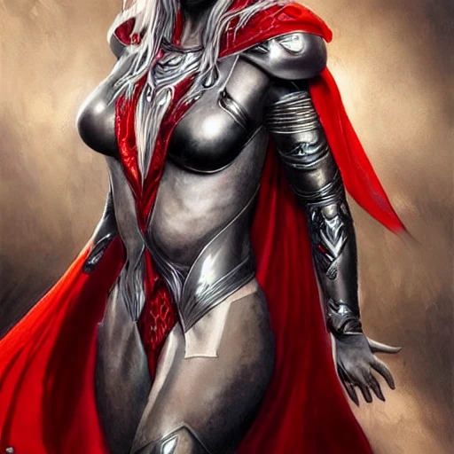 portrait of a woman with silver hair, mysterious symbols tattooed on her face, dressed in a flowing red cape and a futuristic armour, character design, highly detailed, by gabriele dell'otto 