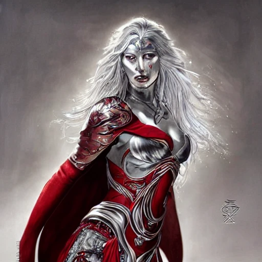 portrait of a woman with silver hair, mysterious symbols tattooed on her face, dressed in a flowing red cape and a futuristic armour, character design, highly detailed, by gabriele dell'otto 