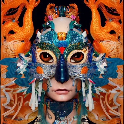 3 d goddess close - up profile portrait with ram skull. beautiful intricately detailed japanese crow kitsune mask and clasical japanese kimono. betta fish, jellyfish phoenix, bio luminescent, plasma, ice, water, wind, creature, artwork by tooth wu and wlop and beeple and greg rutkowski 