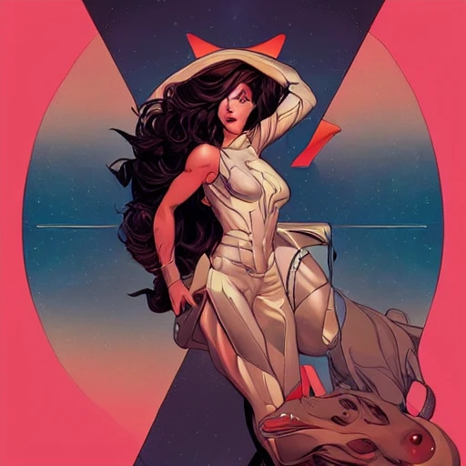 artgerm, joshua middleton comic cover art, full body pretty female space pirate, symmetrical eyes, symmetrical face, long curly hair, beautiful, rim lighting, vivid colors 