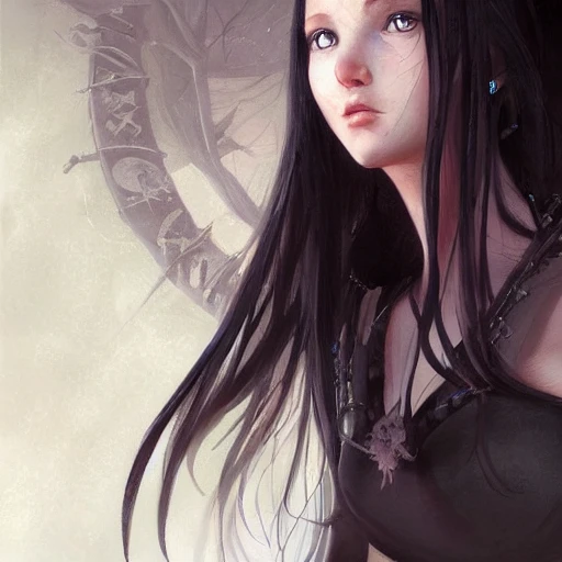 realistic portrait of a young woman, long black hair, stocky body, 
d&d magic, witch craft, fantasy, dark magical school student uniform, highly detailed, digital painting, trending on artstation, pixiv, concept art, sharp focus, illustration, art by Ross Tran and Greg Rutkowski