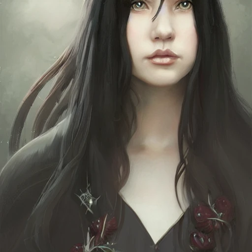 realistic portrait of a young woman, long black hair, plus size, 
d&d magic, witch craft, fantasy, dark magical school student uniform, highly detailed, digital painting, trending on artstation, pixiv, concept art, sharp focus, illustration, art by Ross Tran and Greg Rutkowski