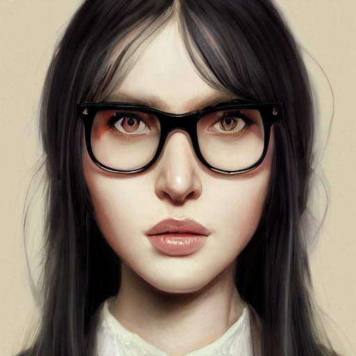 realistic portrait of a young woman, long black hair, bangs, glasses, plus size, d&d magic, witch craft, fantasy, dark magical school student uniform, highly detailed, digital painting, trending on artstation, pixiv, concept art, sharp focus, illustration, art by Ross Tran and Greg Rutkowski