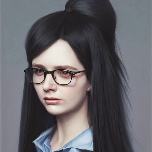realistic portrait of a young woman, long black hair, bangs, glasses, plus size, d&d magic, witch craft, fantasy, dark magical school student uniform, highly detailed, digital painting, trending on artstation, pixiv, concept art, sharp focus, illustration, art by Ross Tran and Greg Rutkowski