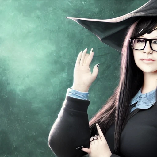 realistic portrait of a young woman, long black hair, bangs, glasses, plus size, d&d magic, witch craft, fantasy, dark magical school student uniform