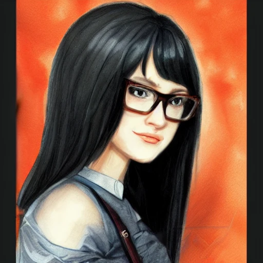 realistic portrait of a young woman, long black hair, bangs, glasses, plus size, d&d magic, witch craft, fantasy, dark magical school student uniform