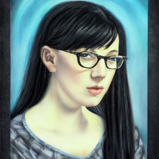 realistic portrait of a young woman, long black hair, bangs, glasses, plus size, d&d magic, witch craft, fantasy, dark magical school student uniform, Oil Painting