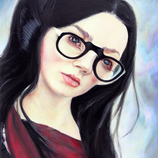 realistic portrait of a young woman, long black hair, bangs, glasses, plus size, d&d magic, witch craft, fantasy, dark magical school student uniform, Oil Painting, Oil Painting