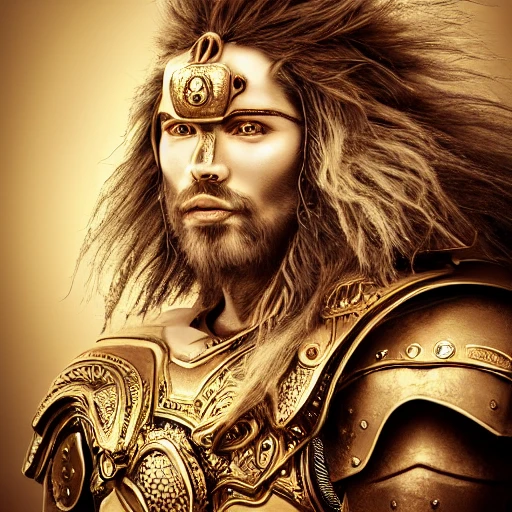 redshift style, anthropomorphic hybrid of perfect anatomy human and old huskie warrior (long haired, wind, epic fur, gold and diamond armor). Baryta fanart Portrait photograph with a Hasselblad H3DII. extremely detailed, DOF --upbeat --v 4