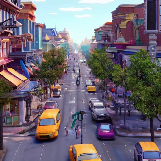 A camera shot of a centered busy main street with various backdrop from a disney movie.   8 k, ultra realistic, smooth shading, ultra detailed, high resolution, perfect scale, fine details, studio lighting, subtle shadows,  hyper realism, octane render, hyper detailed, 3D