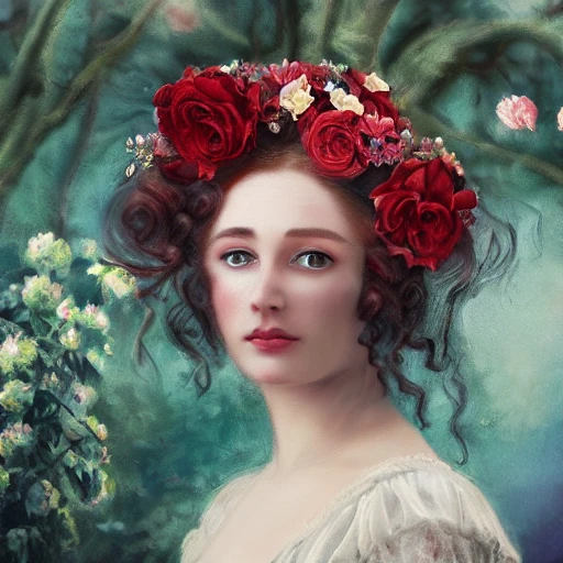 Beautiful victorian woman with a perfect hyper details cemetery face,with a red long flowing dress,with perfect curly hair flowing and long,with flowers in her hair in the style of an oil painting, photo realistic, hyper-detailed,ultra high quality,retro futurism,8k
