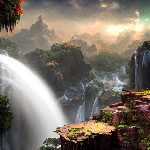 Waterfalls in Space detailed matte painting, deep color, fantastical, intricate detail, splash screen, complementary colors, fantasy concept art, 8k resolution trending on Artstation Unreal Engine 5 Epic cinematic brilliant stunning intricate meticulously detailed dramatic atmospheric maximalist digital matte painting