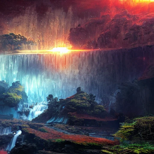 Waterfalls in Space detailed matte painting, deep color, fantastical, intricate detail, splash screen, complementary colors, fantasy concept art, 8k resolution trending on Artstation Unreal Engine 5 Epic cinematic brilliant stunning intricate meticulously detailed dramatic atmospheric maximalist digital matte painting