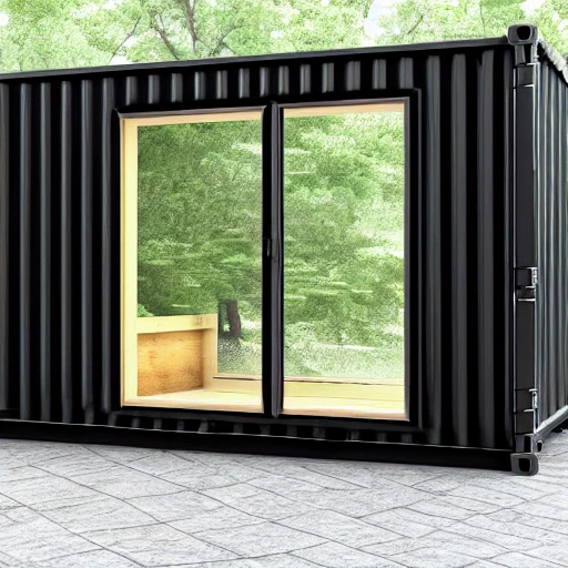 black shipping container with door and window, in forest realistic style