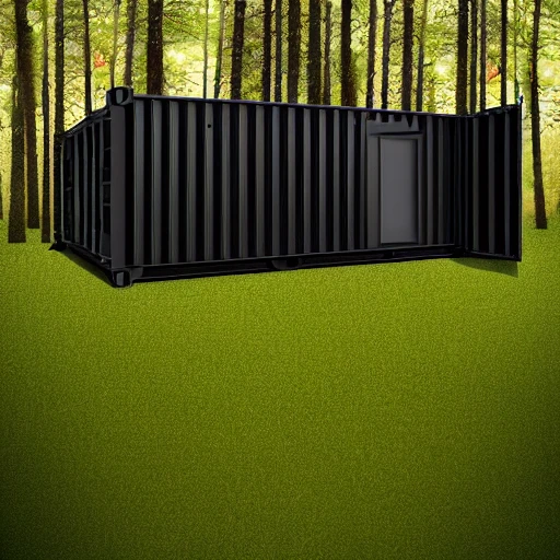 sea container, black, with a door, with a window, in the forest realistic style