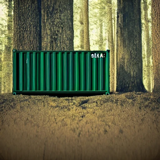 sea container, black, with a door, with a window, in the forest, realistic style