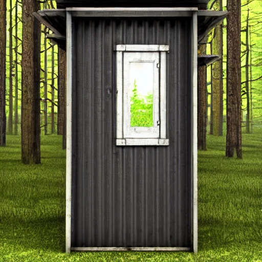 sea container black with a door with a window, in the forest, realistic style