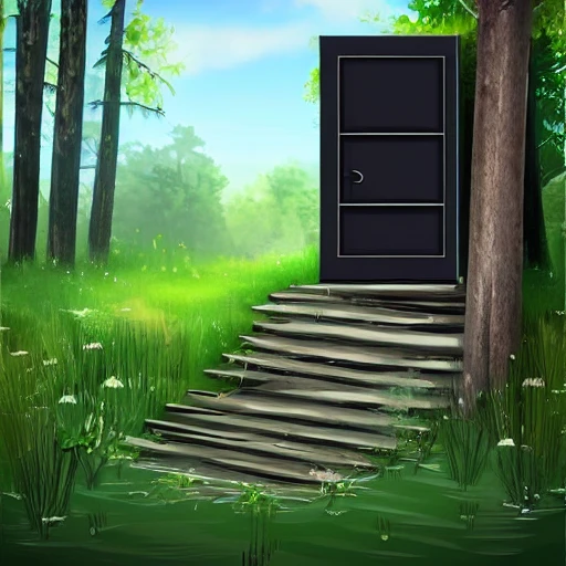 sea container black with a door with a window, in the forest, realistic style