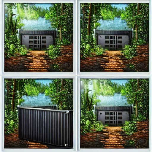 sea container black with a door with a window, in the forest, realistic style