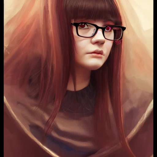 realistic portrait of a young woman, long black hair, bangs, glasses, plus size, d&d magic, witch craft, fantasy, dark magical school student uniform, highly detailed, digital painting, trending on artstation, pixiv, concept art, sharp focus, illustration, art by Ross Tran and Greg Rutkowski, Oil Painting