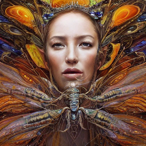 insect queen, intricate delicate" - masterpiece creation by Amanda Sage, Pino Daeni, Wadim Kashin, Eldritch, photorealism, precisionism, hyperdetailed, beautiful, mysterious, hyperrealism, surrealism, incredibly detailed, iridescence, mystery, original, unusual 