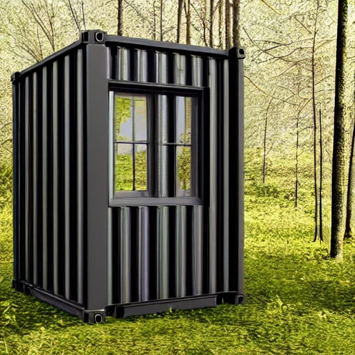 sea container black with a door with a window, in the forest, realistic style