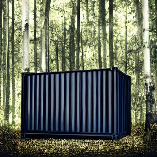 sea container black with a door with a window, in the forest, realistic style