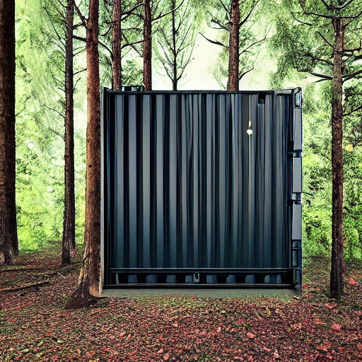 sea container black with a door with a window, in the forest, realistic style