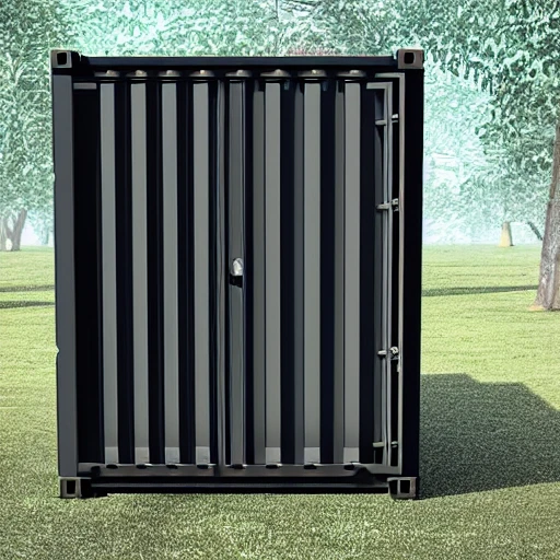 sea container black with a door and window, in the forest, realistic style