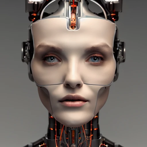 nousr robot, complex 3d render ultra detailed of a beautiful porcelain profile woman android face, cyborg, robotic parts, 150 mm, beautiful studio soft light, rim light, vibrant details, luxurious cyberpunk,  hyperrealistic, anatomical, facial muscles, cable electric wires, microchip, elegant, beautiful background, octane render, 8k, 3D