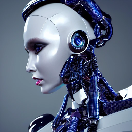 Nousr robot, complex 3d render ultra detailed of a beautiful porcelain profile woman android face, cyborg, robotic parts, 150 mm, beautiful studio soft light, rim light, vibrant details, luxurious cyberpunk,  hyperrealistic, anatomical, facial muscles, cable electric wires, microchip, elegant, beautiful background, octane render, 8k, 3D