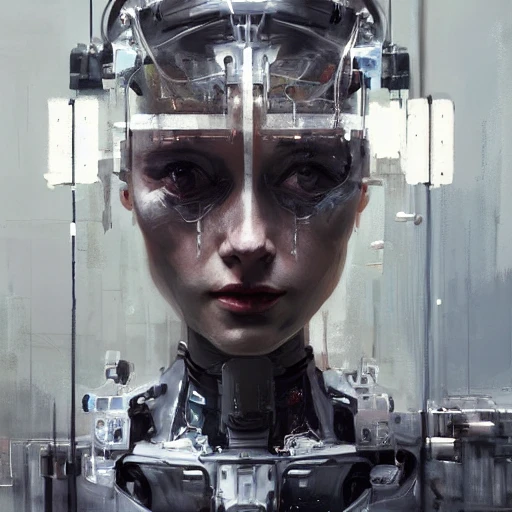 Professional painting of biorobot with porcelain face and bionic parts with microchips by Jeremy Mann, Rutkowski, and other Artstation illustrators, intricate details, portrait, face, closeup, headshot, mugshot, illustration, UHD, 4K
