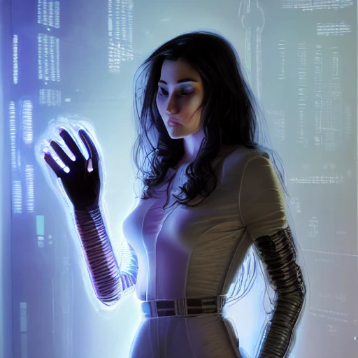 beauty young spanish woman with long black hair robotic hands, interacting with a holographic interface of alien artifacts, electrical case display, Terminator tech, ultrarealistic, dramatic lighting, electrical details, high details, 4k, 8k, best, accurate, trending on artstation, artstation, photorealism, ultrarealistic, digital painting, style of Peter Mohrbacher, Caravaggio, Hajime Sorayama and Boris Vallejo