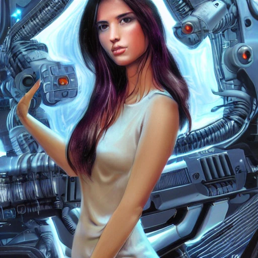 beauty young spanish woman with long black hair robotic hands, interacting with a holographic interface of alien artifacts, electrical case display, Terminator tech, ultrarealistic, dramatic lighting, electrical details, high details, 4k, 8k, best, accurate, trending on artstation, artstation, photorealism,alien,
 ultrarealistic, digital painting, style of Peter Mohrbacher, Caravaggio, Hajime Sorayama and Boris Vallejo 