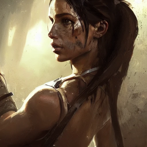 Professional Painting of Lara Croft - Tomb Raider by Jeremy Mann, Rutkowski and other illustrators at Artstation, intricate detail, face, portrait, headshot, illustration, UHD, 4K