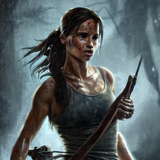 Tomb Raider professional portrait likeness of actress Alicia Vikander, Intricate detail, UHD, 4K detailed painting, Rich color, fantastic and intricate detail, 8k resolution concept art portrait by Greg Rutkowski, Artgerm, WLOP, Alphonse Mucha dynamic lighting extremely hyper-detailed detailed Trendy splash art on Artstation triadic colors Unreal Engine 5 volumetric lighting