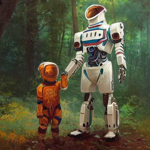 a warrior robot astronaut with a human boy in the forest, floral, posing for a fight intricate, elegant, highly detailed, digital painting, artstation, concept art, smooth, sharp focus, illustration, art by artgerm and greg rutkowski and alphonse mucha, 8K
, Oil Painting