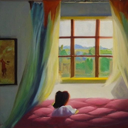 a kid looking future world through window of her room, Oil Painting