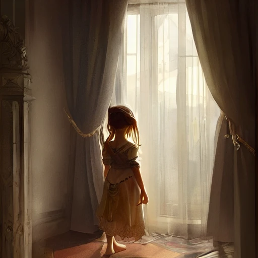 a kid looking future world through window of her room, elegant, highly detailed, digital painting, artstation, concept art, smooth, sharp focus, illustration, art by artgerm and greg rutkowski and alphonse mucha, 8K