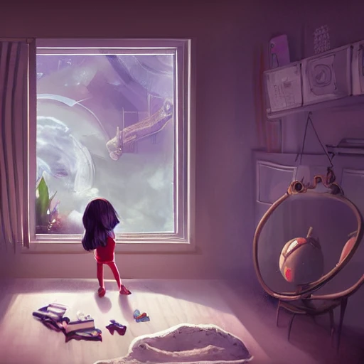 a kid looking future technical world through window of her room, elegant, digital painting, artstation, concept art, smooth, sharp focus, illustration, kagaya arts, highly detailed, 