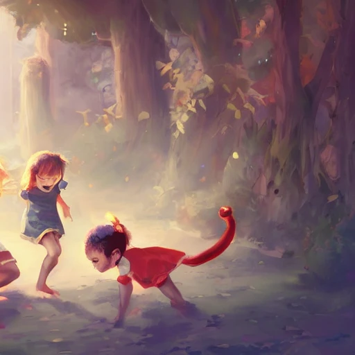 four kids playing happily 
, elegant, digital painting, artstation, concept art, smooth, sharp focus, illustration, kagaya arts, highly detailed, 