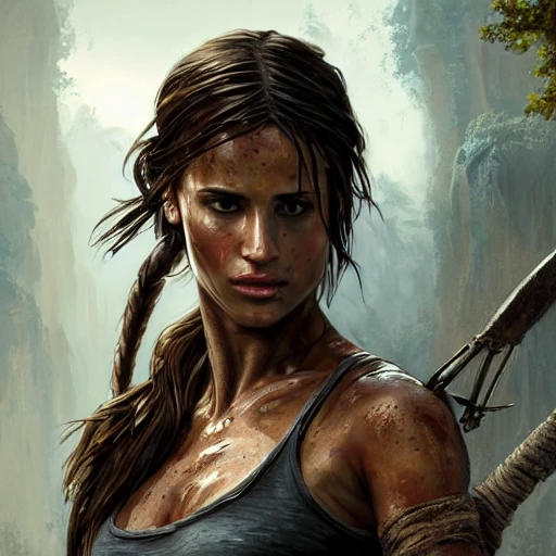 Tomb Raider professional portrait likeness of actress Alicia Vikander, Intricate detail, UHD, 4K detailed painting, Rich color, fantastic and intricate detail, 8k resolution concept art portrait by Greg Rutkowski, Artgerm, WLOP, Alphonse Mucha dynamic lighting extremely hyper-detailed detailed Trendy splash art on Artstation triadic colors Unreal Engine 5 volumetric lighting
