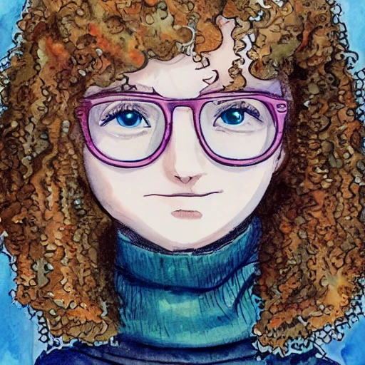 Water Color, arcane style, adult, (pale sleep deprived geek girl), (pale), (sleep deprivation), circles under the eyes, panda eyes,  ((curly hair,))  ((wearing glasses and sweater dress)), perfect face, ((detailed eyes)),  (( detailed pupils)),  slightly muscular,  fit,  full body shot,  sitting in a cafe, intricate,  detailed, (line art), insanely high res, 8K, HD, ((WLOP)), rossdraws, artgerm, (((vivid colors))), Chaïm Soutine,, Felix Octavius Carr Darley
