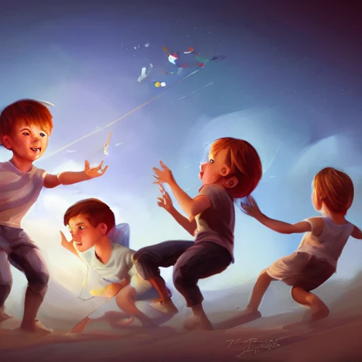 four kids playing happily , elegant, digital painting, artstation, concept art, smooth, sharp focus, illustration, realastic, highly detailed, 