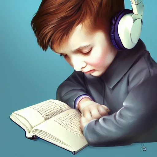 one kid headphone listen song, one kid read book , elegant, digital painting, artstation, concept art, smooth, sharp focus, illustration, realastic, highly detailed, 