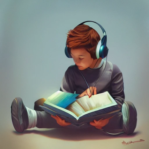 one kid headphone listen song, another kid read book , elegant, digital painting, artstation, concept art, smooth, sharp focus, illustration, realastic, highly detailed, 