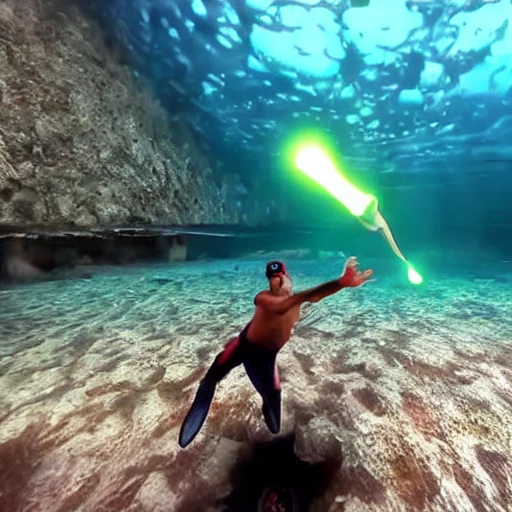 3d painting free diver  finds lighted orb at 300 feet deep 