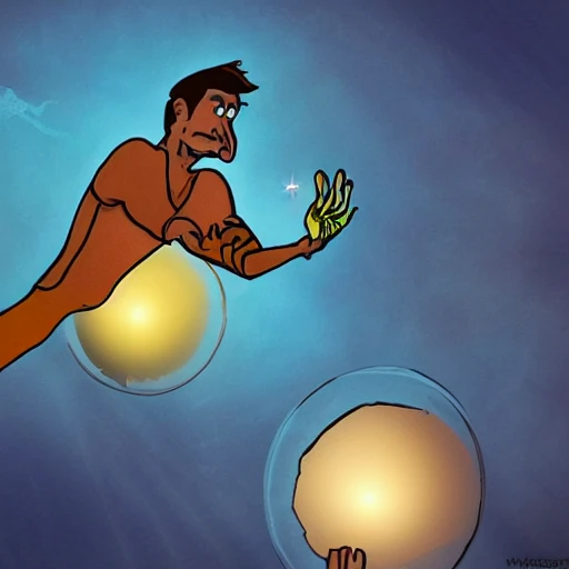  free diver  finds lighted orb at 300 feet deep cartoon render