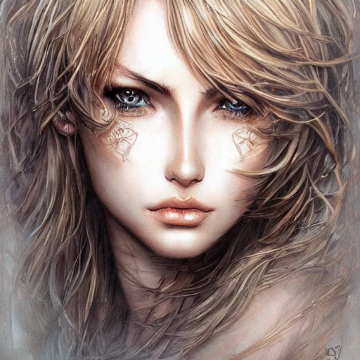 Very detailed. intricate, elegant, highly detailed, trending on artstation, digital art, perfect face, perfect brown eyes, perfect composition, by Luis Royo, beautiful perfect face, Baldur's gate, brown skin, blond hair, Dear Ella, Lynn